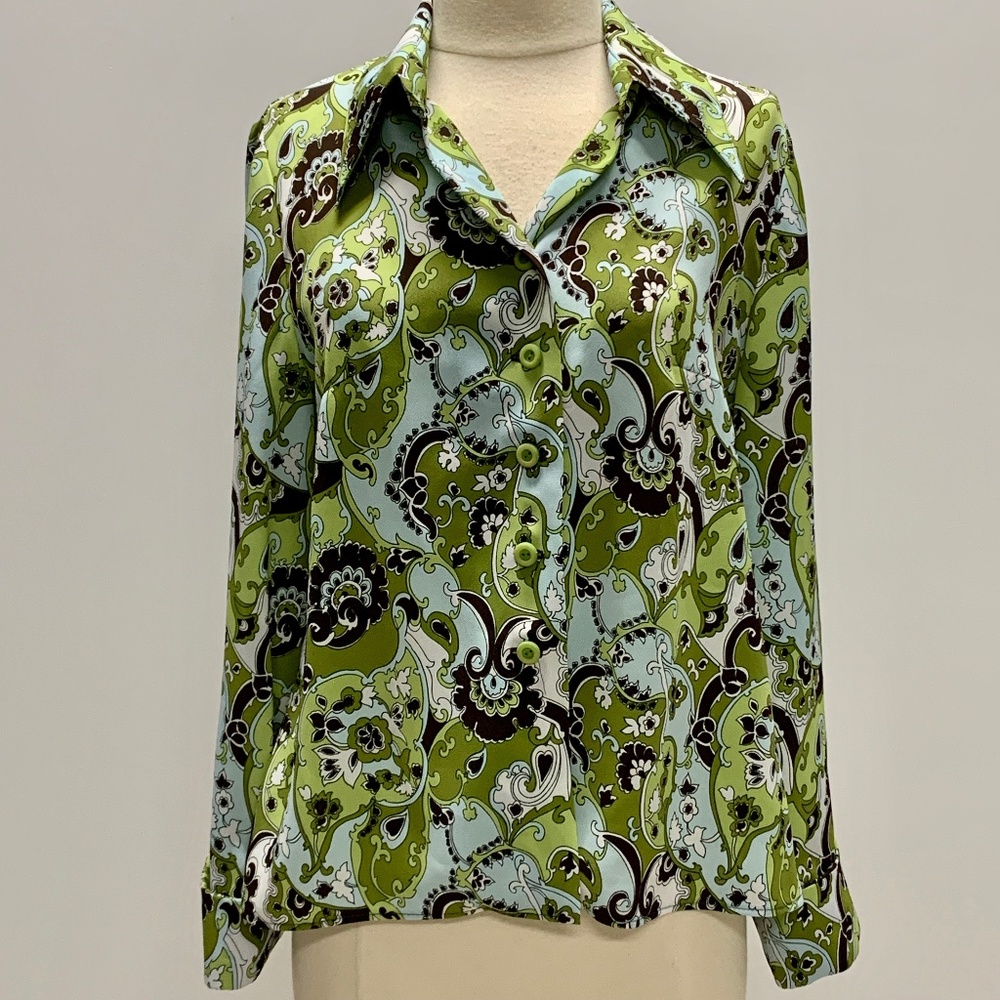 Green Patterned Fold Over Collar Button Down Shirt - image 1